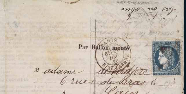 20c siège sur <br> Ballon-Poste No 17<br>  frappé du cachet à date de Paris <br> du 29 décembre 1870 <br> à destination de Caen, <br> arrivée le 2 janvier.