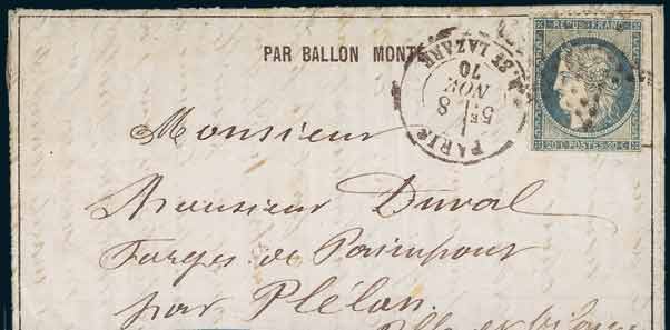 20c siège sur Journal-Poste<br>  No 2 frappé du cachet <br> à date de Paris du 8 novembre 1870 <br> à destination de L'ile-et-Vilaine