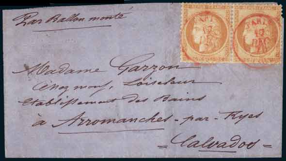 Paire du 10c siège <br> oblitérés par cachet à date rouge <br> PARIS SC du 17 décembre 1870<br>  sur lettre à destination du Calvados. <br> Arrivée le 25 décembre 1870