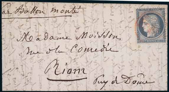 20c siège. Oblitération <br> par cachet à date rouge PARIS SC <br> du 5 décembre 1870 <br> sur lettre à destination de RIOM <br> (Puy-de-Dôme). Au verso arrivée <br> le 10 décembre 1870