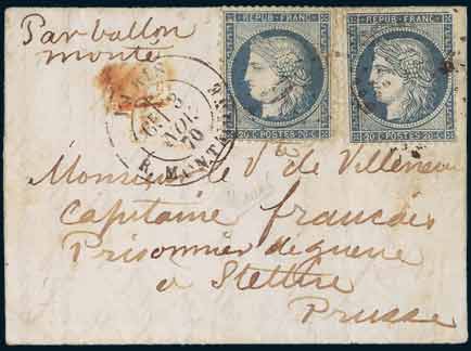 2 x 20 c siège sur lettre <br> frappée du cachet à date <br> de PARIS du 3 novembre 1870 <br> à destination d'un prisonnier de <br> guerre en PRUSSE