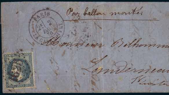 20c oblitéré Losange<br>  Grands Chiffres 1625 <br> sur lettre frappée du cachet à date <br> de la GARE d'IVRY <br> du 2 décembre 1870<br>  à destination du Finistère