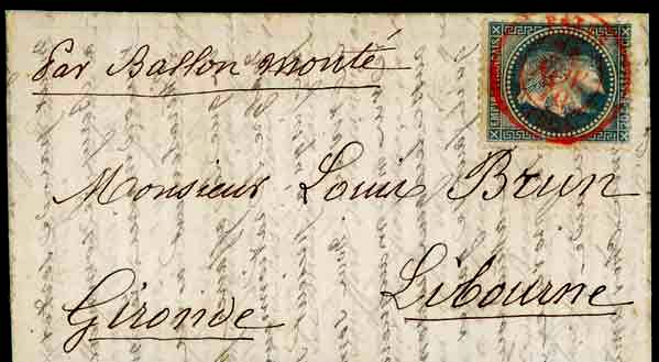 20c LAURE Oblitéré <br> Cachet à Date rouge PARIS SC<br>  du 24 novembre 1870 <br> sur lettre à destination<br>  de LIBOURNE. <br> Arrivée le 10 décembre 70.