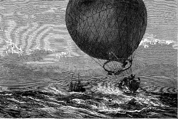 Le ballon de Rolier,<br> aéronaute du Siège de Paris,<br> rase la surface des flots