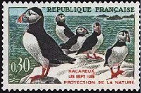 France : 0,30f bleu, vert, noir et rouge Oiseaux migrateurs : Macareux